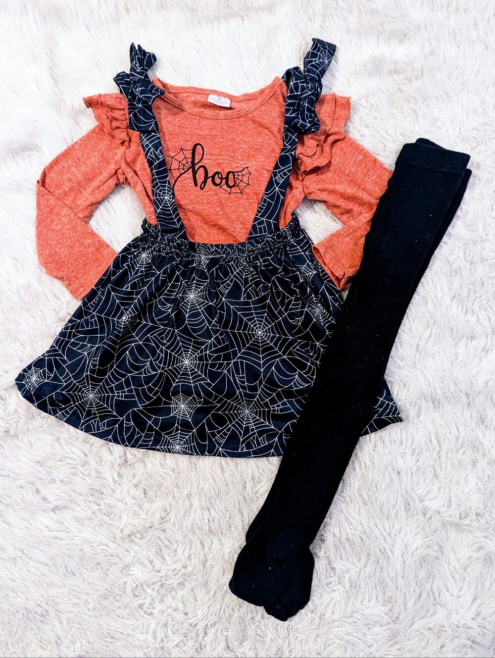 Girls Halloween Boo Spider Web Suspender Dress Set - Size 3t